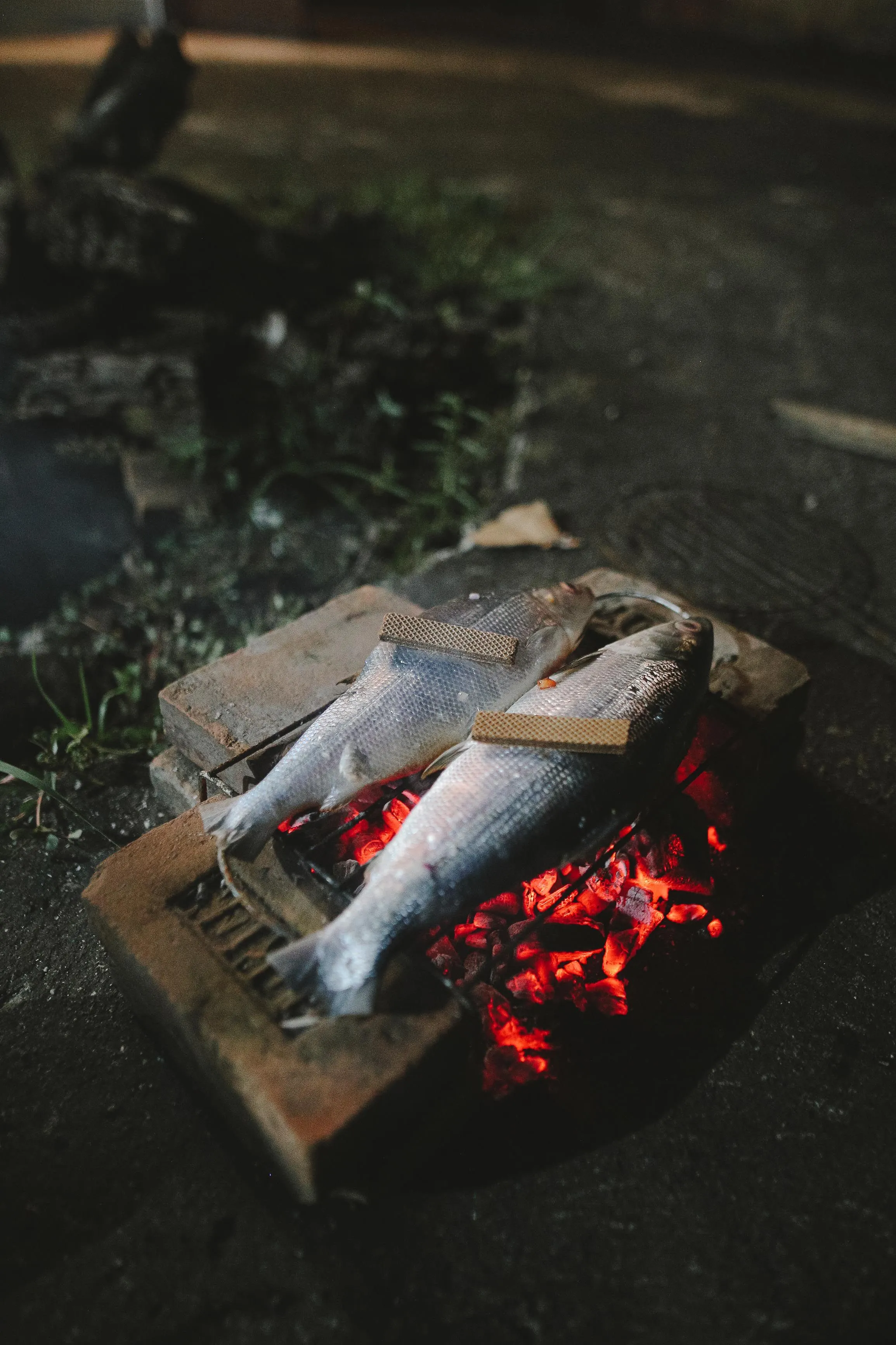 Pescado entero sobre brasas de carbón
